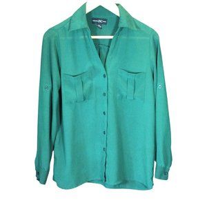 Ladies Medium - Green Sheer Button Up Blouse